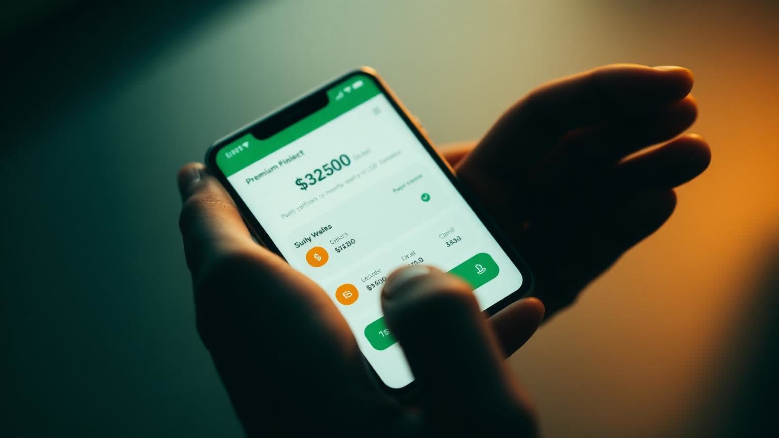 Hands holding a phone showing a personal account balance